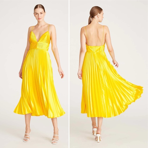 NWOT Amur Viv Mitered Pleating Dress in Yellow Tang Size 00 NWOT - Picture 2 of 14